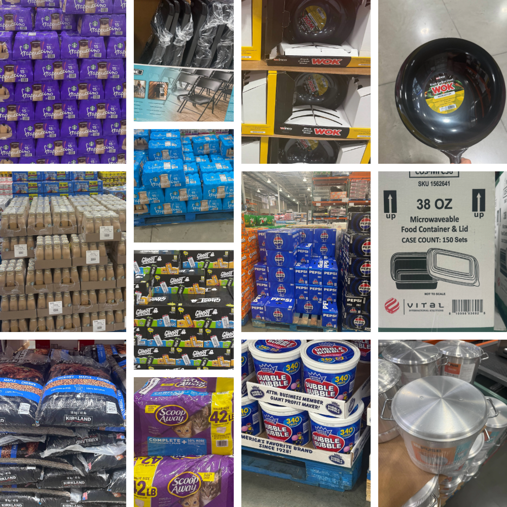 RestoxGlobal product selection showing bulk items, cookware, food containers, and warehouse merchandise